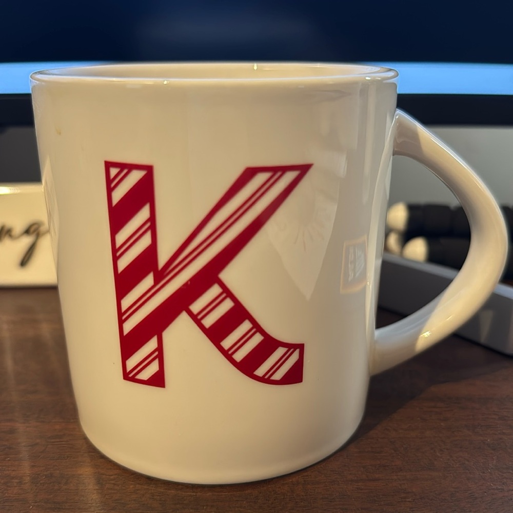 ISO Wondershop Letter K initial mug red candy cane design